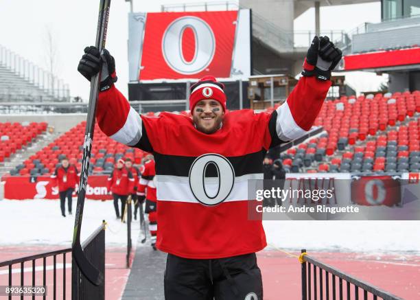 Fredrik Claesson of the Ottawa Senators makes his way onto the ice during a practice session ahead of the Scotiabank NHL100 Classic, at Lansdowne...