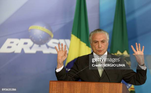 Brazilian President Michel Temer speaks during the inauguration ceremony of the new Brazilian Minister of Government Secretariat Carlos Marun, at the...
