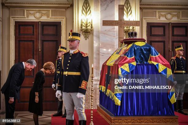 Crown custodian Princess Margaret , the daughter of King Michael and her husband Radu Duda pay their respects to the late King Michael I of Romania...