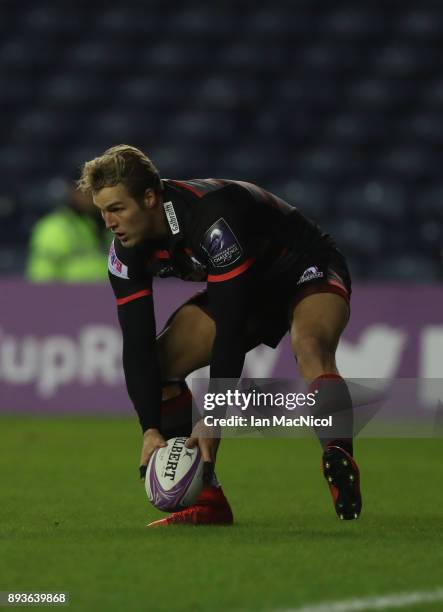 Duhan Van der Marwe of Edinburgh scores the opening try during the European Rugby Challenge Cup match between Edinburgh and Krasny Yar at Murrayfield...
