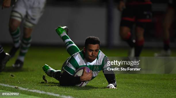 Falcons wing Zach Kibirige scores the second Falcons try during the European Rugby Challenge Cup match between the Dragons and Newcastle Falcons at...