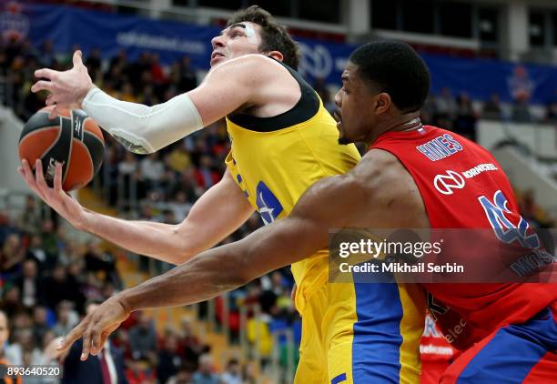 Jake Cohen, #15 of Maccabi Fox Tel Aviv competes with Kyle Hines, #42 of CSKA Moscow in action during the 2017/2018 Turkish Airlines EuroLeague...