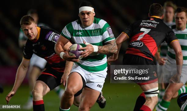 Falcons centre Josh Matavesi makes a break during the European Rugby Challenge Cup match between the Dragons and Newcastle Falcons at Rodney Parade...