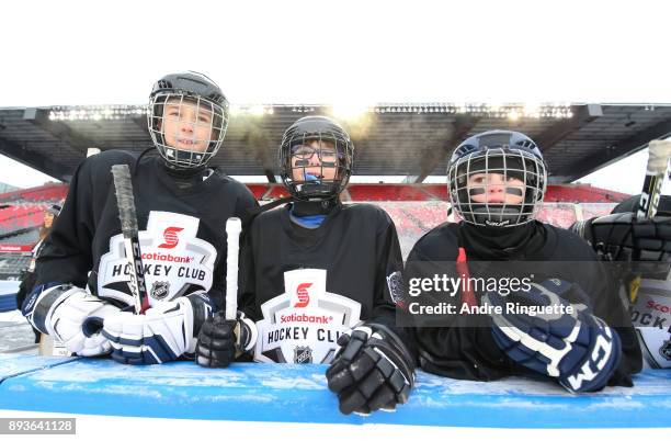 Scotiabank skaters on the bench to celebrate the sponsorship of 1 million minor hockey league kids in advance of the 2017 Scotiabank NHL100 Classic...