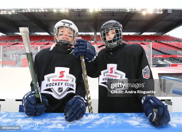 Scotiabank skaters on the bench to celebrate the sponsorship of 1 million minor hockey league kids in advance of the 2017 Scotiabank NHL100 Classic...