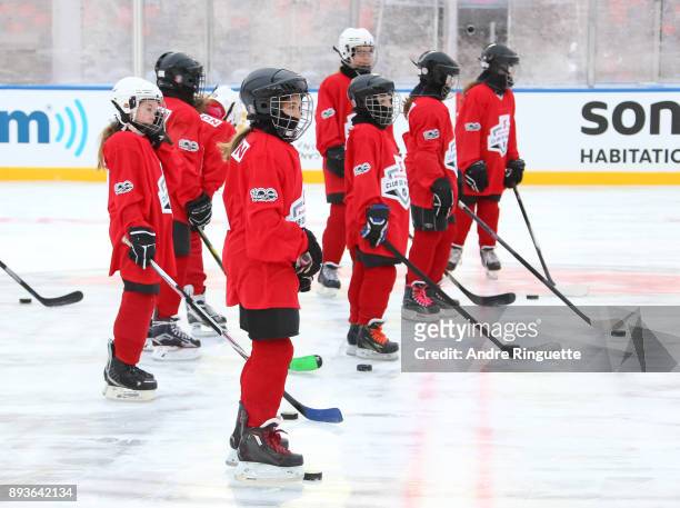 Scotiabank skaters warmup to celebrate the sponsorship of 1 million minor hockey league kids in advance of the 2017 Scotiabank NHL100 Classic at...