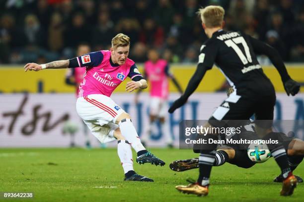 Andre Hahn of Hamburg shoots on goal during the Bundesliga match between Borussia Moenchengladbach and Hamburger SV at Borussia-Park on December 15,...