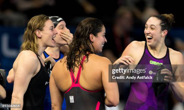 Femke Heemskerk, Tamara van Vliet, Ranomi Kromowidjojo, and Valarie van Roon of the Netherlands win Gold and set a new World Record during the...