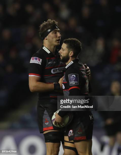 Sean Kennedy of Edinburgh is congratulated on scoreng his sides sixth try during the European Rugby Challenge Cup match between Edinburgh and Krasny...