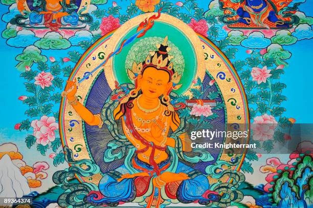 tibetan thangka of manjusri - boeddha stockfoto's en -beelden