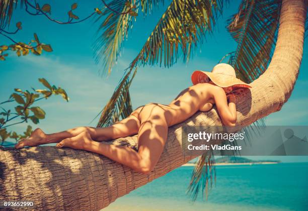 nude woman at tropical beach - birthday suit stock pictures, royalty-free photos & images