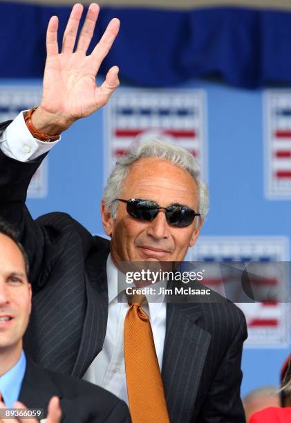 Hall of Famer Sandy Koufax waves to the crowd as he is introduced at Clark Sports Center during the 2009 Baseball Hall of Fame induction ceremony on...