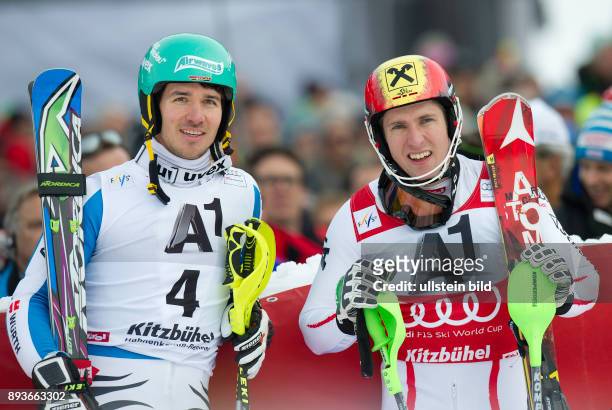 Ski Alpin Weltcup Saison 2012/2013 73. Hahnenkammrennen Slalom 2. Durchgang Felix NEUREUTHER belegt Platz 2 und Sieger Marcel HIRSCHER OTO:...