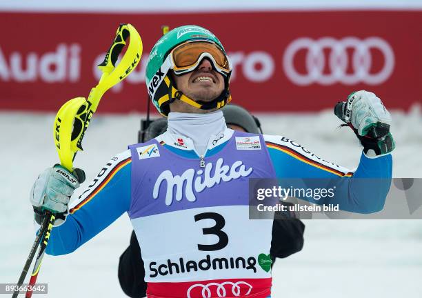 Alpine Ski-WM - Ski Alpin WM Schladming 2013 Slalom Herren Felix Neureuther jubelt ueber seinen Vizeweltmeistertitel