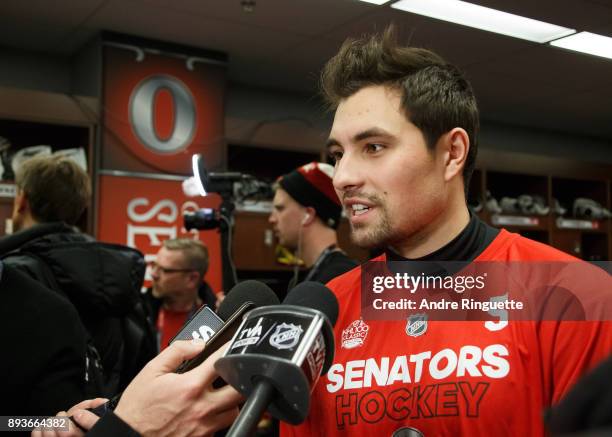 Cody Ceci of the Ottawa Senators in the locker room ahead of the Scotiabank NHL100 Classic, at Lansdowne Park on December 15, 2017 in Ottawa, Canada.