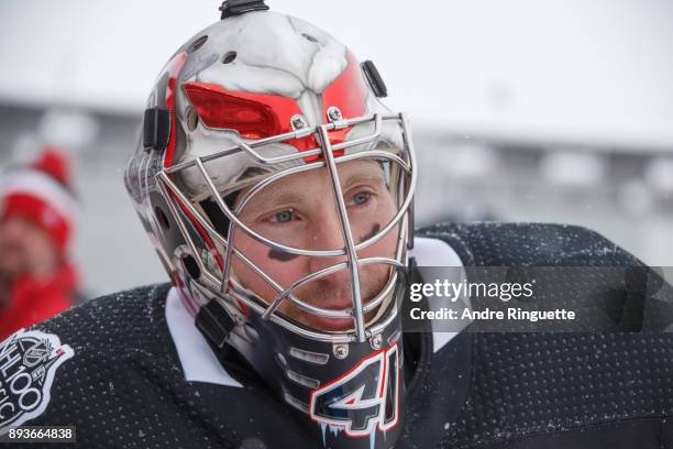 Craig Anderson of the Ottawa Senators looks on during a practice session ahead of the Scotiabank NHL100 Classic, at Lansdowne Park on December 15,...