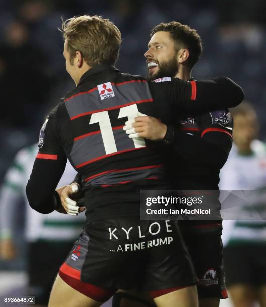 Duhan Van der Marwe of Edinburgh is congratulated by Sean Kennedy after he scores the opening try during the European Rugby Challenge Cup match...