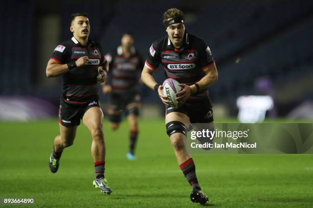 Jamie Ritchie of Edinburgh breaks away to score his sides fourth try during the European Rugby Challenge Cup match between Edinburgh and Krasny Yar...