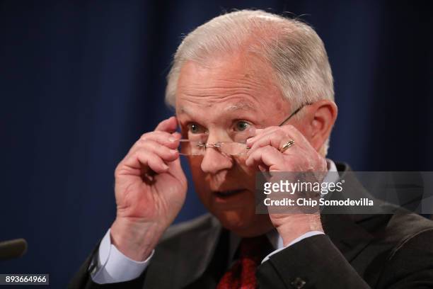 Attorney General Jeff Sessions holds a news conference at the Department of Justice on December 15, 2017 in Washington, DC. Sessions called the...