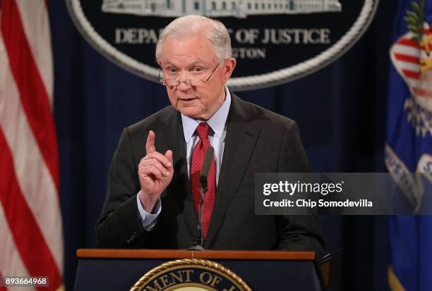 Attorney General Jeff Sessions holds a news conference at the Department of Justice on December 15, 2017 in Washington, DC. Sessions called the...