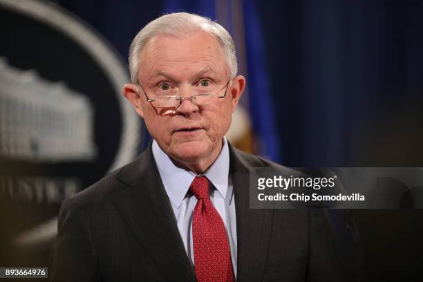 Attorney General Jeff Sessions holds a news conference at the Department of Justice on December 15, 2017 in Washington, DC. Sessions called the...