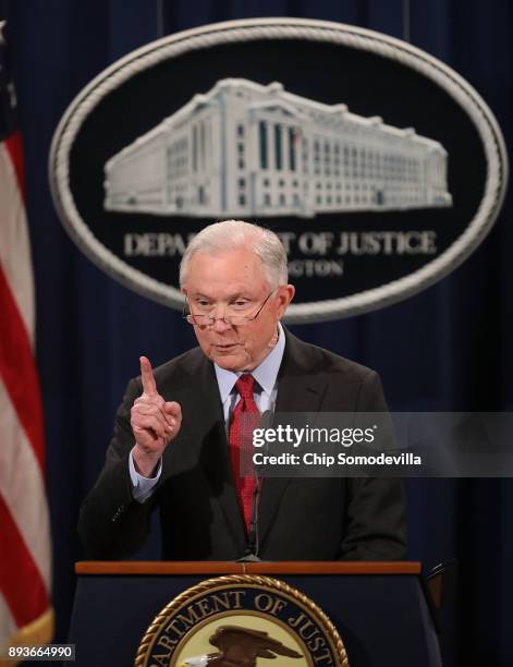 Attorney General Jeff Sessions holds a news conference at the Department of Justice on December 15, 2017 in Washington, DC. Sessions called the...