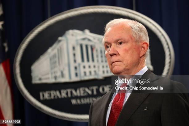 Attorney General Jeff Sessions holds a news conference at the Department of Justice on December 15, 2017 in Washington, DC. Sessions called the...