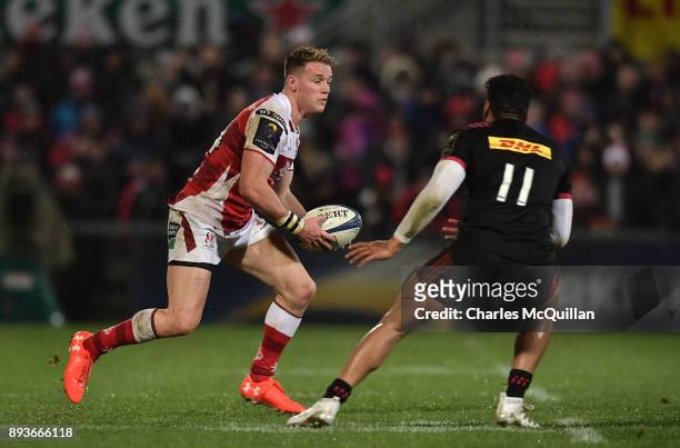 Craig Gilroy of Ulster and Alofa Alofa of Harlequins during the European Rugby Champions Cup match between Ulster Rugby and Harlequins at Kingspan...