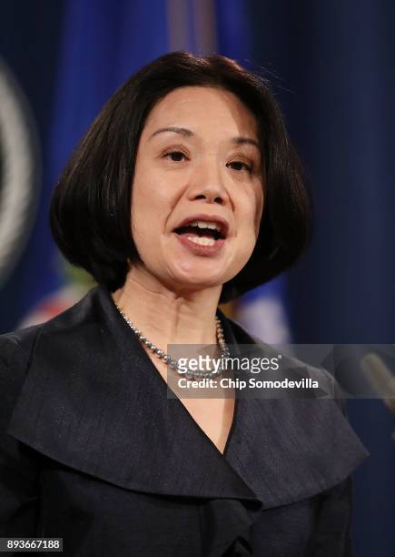 Attorney Jessie Kong Liu speaks during a news conference at the Department of Justice December 15, 2017 in Washington, DC. Attorney General Jeff...