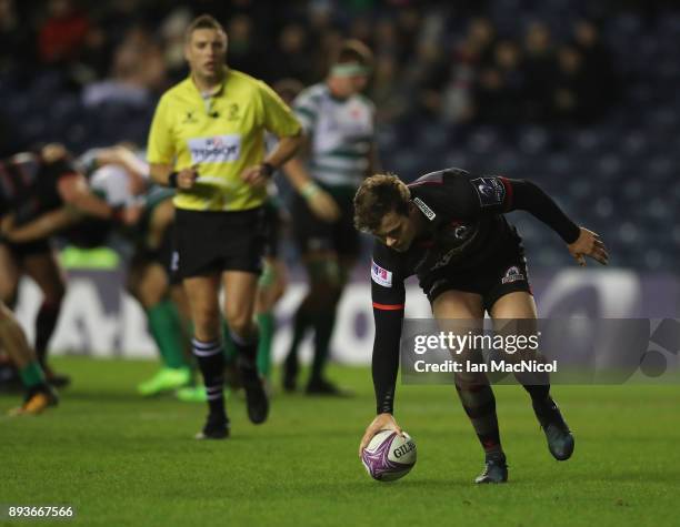 Chris Dean of Edinburgh breaks away to score his team's second try during the European Rugby Challenge Cup match between Edinburgh and Krasny Yar at...