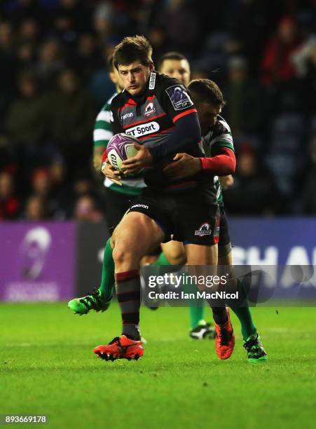 Blair Kinghorn of Edinburgh is tackled by Vasilii Dorofeev of Krasny Yar during the European Rugby Challenge Cup match between Edinburgh and Krasny...