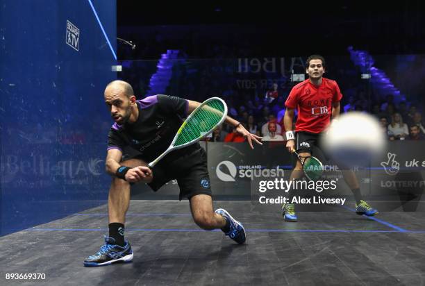 Marwan ElShorbagy of Egypt plays a forehand shot against Karim Abdel Gawad of Egypt in their Quarter Final match during the AJ Bell PSA World Squash...