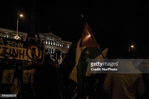 Palestinians take part in a demonstration in Athens, Greece on December 15 near the US embassy in Athens, after US President Donald Trump recognise...