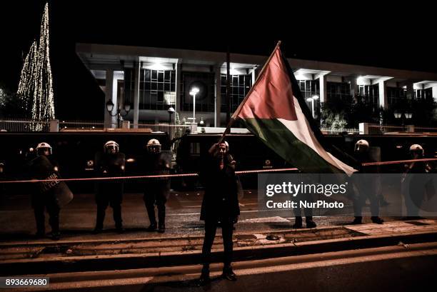 Palestinians take part in a demonstration in Athens, Greece on December 15 near the US embassy in Athens, after US President Donald Trump recognise...