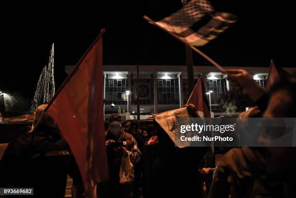 Palestinians take part in a demonstration in Athens, Greece on December 15 near the US embassy in Athens, after US President Donald Trump recognise...