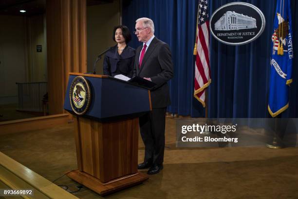 Jeff Sessions, U.S. Attorney general, speaks as Jessie Liu, U.S. District attorney for Washington, D.C., left, listens during a news conference at...