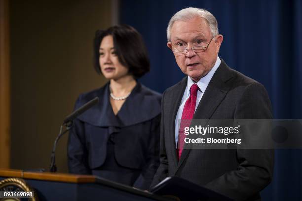 Jeff Sessions, U.S. Attorney general, speaks as Jessie Liu, U.S. District attorney for Washington, D.C., left, listens during a news conference at...