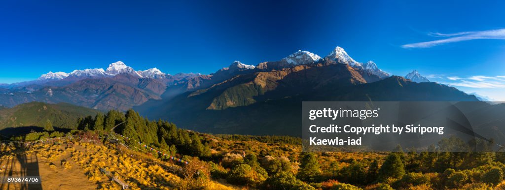 Majestic panoramic view of the Annapurna mountain Range from Poon Hill, Nepal.
