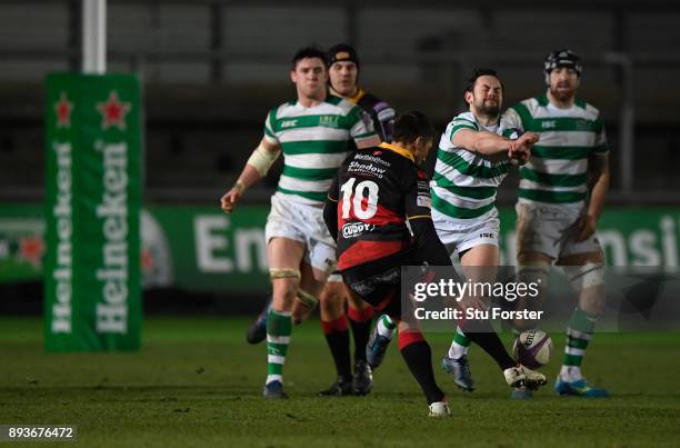 Dragons player Gavin Henson fails with a last minute drop goal attempt during the European Rugby Challenge Cup match between the Dragons and...