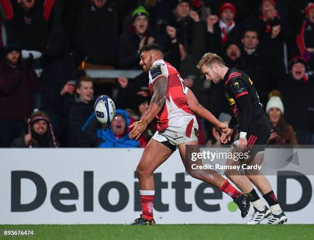 Belfast , United Kingdom - 15 December 2017; Charles Piutau of Ulster celebrates after scoring his side's third try during the European Rugby...