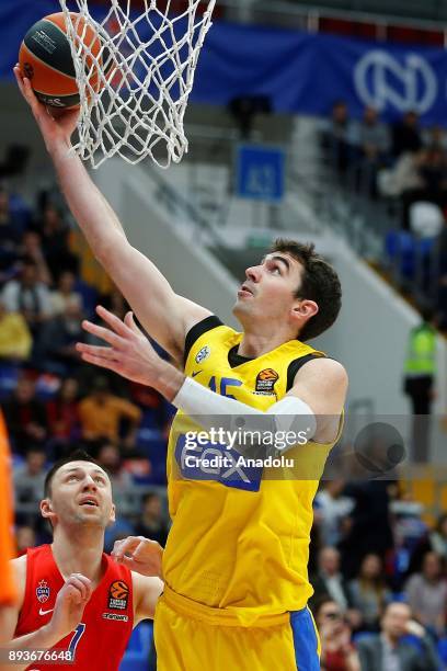 Vitaly Fridzon of CSKA Moscow vies with Jake Cohen of Maccabi Fox during the Turkish Airlines Euroleague match between CSKA Moscow and Maccabi Fox at...