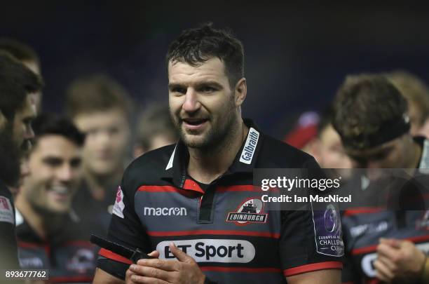 Fraser McKenzie of Edinburgh is seen at the end of his team's 78 point victory during the European Rugby Challenge Cup match between Edinburgh and...