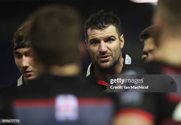 Fraser McKenzie of Edinburgh is seen at the end of his team's 78 point victory during the European Rugby Challenge Cup match between Edinburgh and...