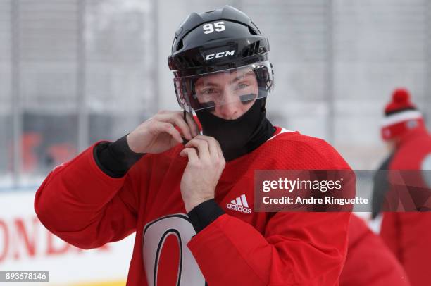 Matt Duchene of the Ottawa Senators adjusts his helmet during a practice session ahead of the Scotiabank NHL100 Classic, at Lansdowne Park on...