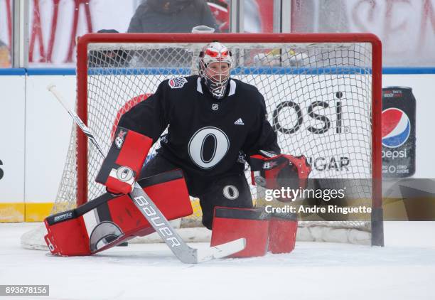 Craig Anderson of the Ottawa Senators tends net during a practice session ahead of the Scotiabank NHL100 Classic, at Lansdowne Park on December 15,...