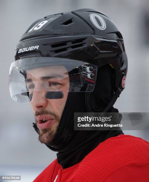 Derick Brassard of the Ottawa Senators looks on during a practice session ahead of the Scotiabank NHL100 Classic, at Lansdowne Park on December 15,...