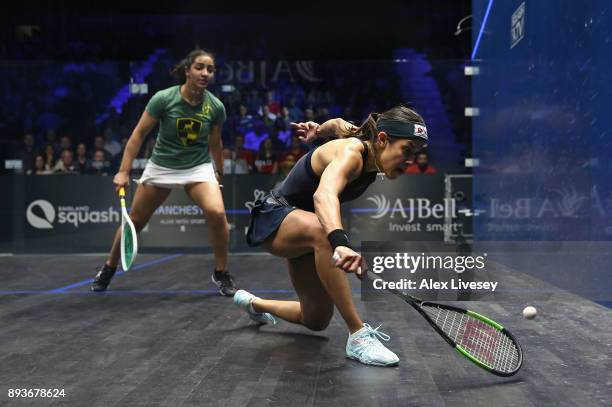 Nicol David of Malaysia plays a backhand shot against Raneem El Welily of Egypt during their Quarter Final match in the AJ Bell PSA World Squash...