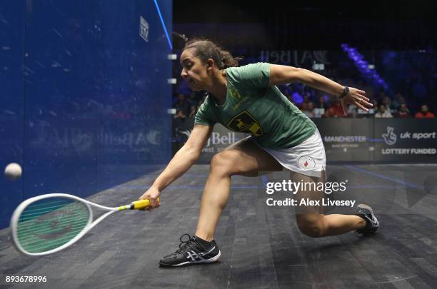 Raneem El Welily of Egypt stretches for the ball during her Quarter Final match against Nicol David of Malaysia in the AJ Bell PSA World Squash...