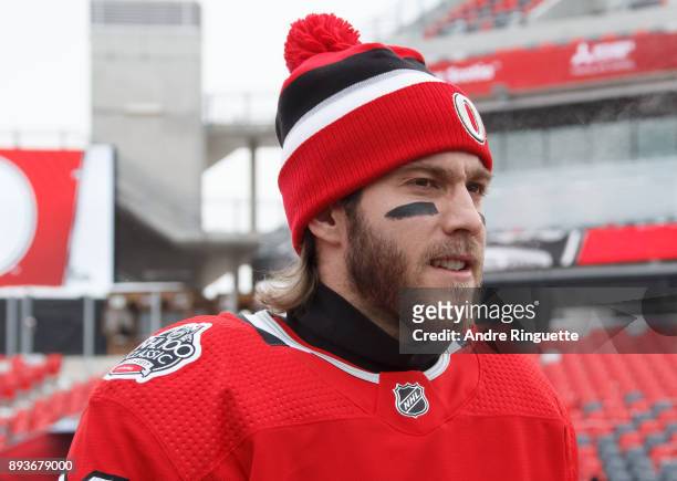 Mike Hoffman of the Ottawa Senators makes his way to the ice during a practice session ahead of the Scotiabank NHL100 Classic, at Lansdowne Park on...