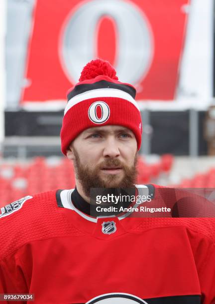 Zack Smith of the Ottawa Senators makes his way to the ice during a practice session ahead of the Scotiabank NHL100 Classic, at Lansdowne Park on...